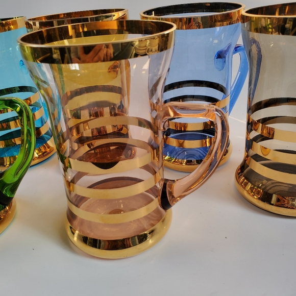 6 Colored Glass Mug Glasses with Gold Bands Made in Romania - Picture 3 of 7